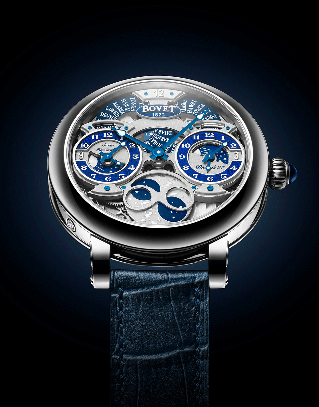 Bovet Recital 27 Dimier Day Night Indicator Manual Winding three-time zones hand wound movement alligator strap