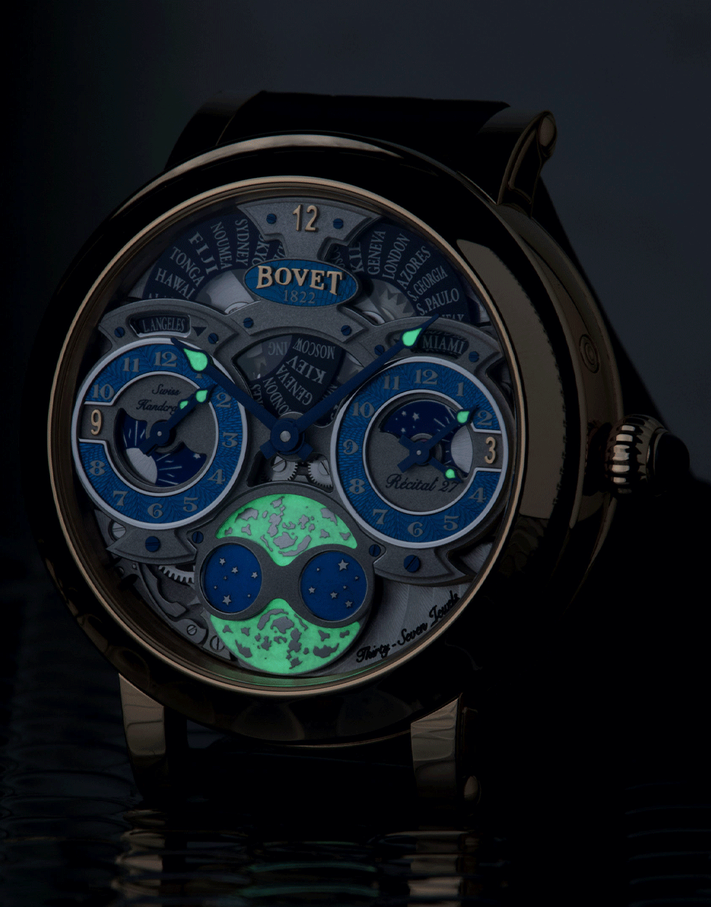 Bovet Recital 27 Turquoise Dimier Day Night Indicator Manual Winding three-time zones hand wound movement alligator strap