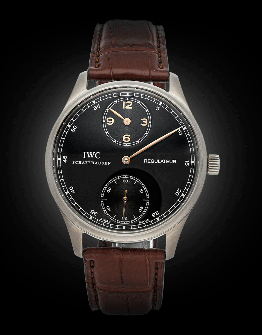Regulator display watches hours minutes seconds swiss watchmaking IWC Portuguese gold watches
